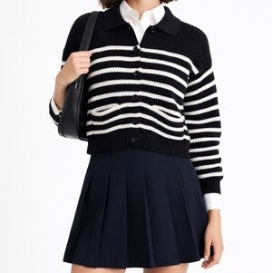 Madewell Ribbed Polo Cardigan Black White Stripe Cropped Sweater Size Small